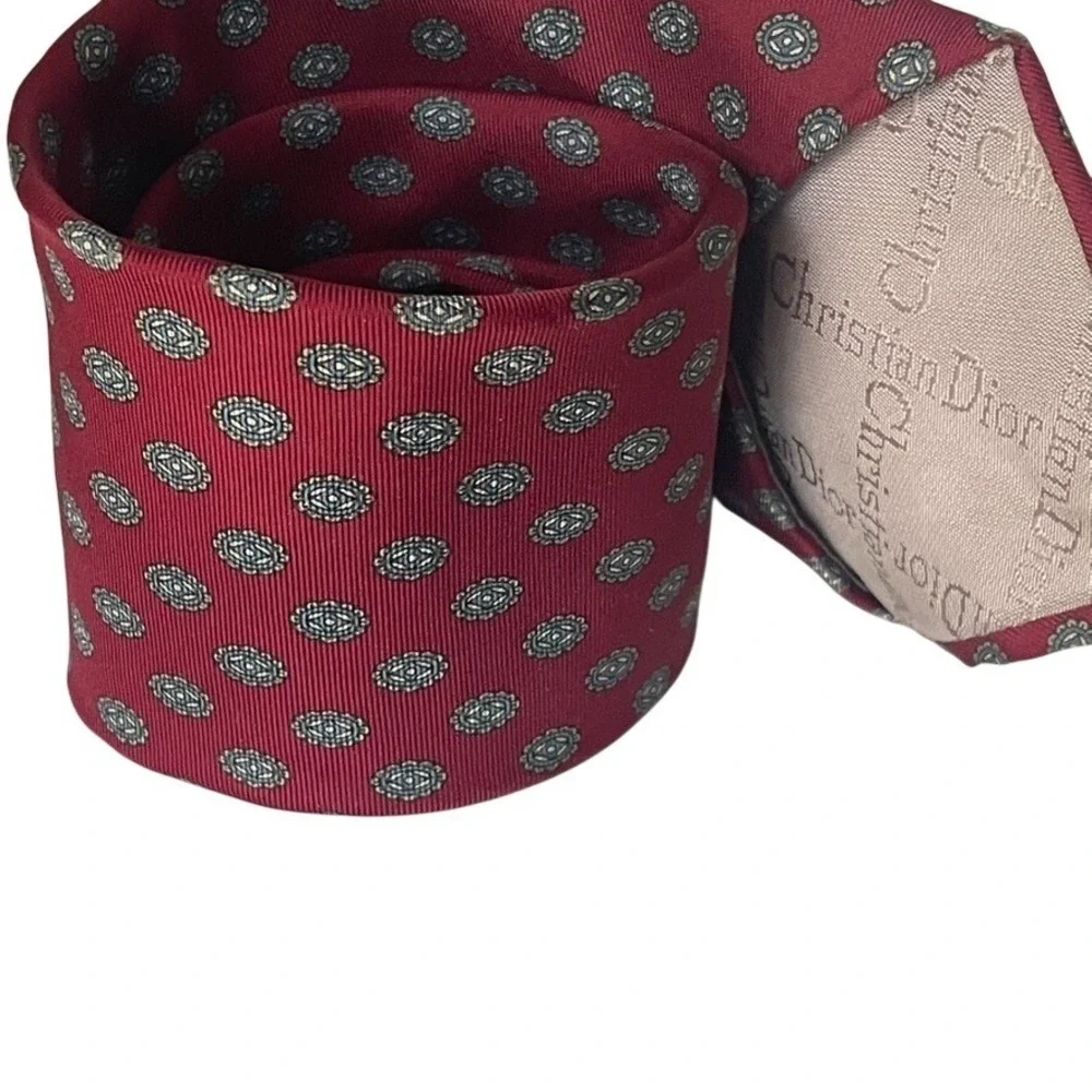 vintage Christian Dior Silk Tie‎ Red Blue Medallion Designer Necktie